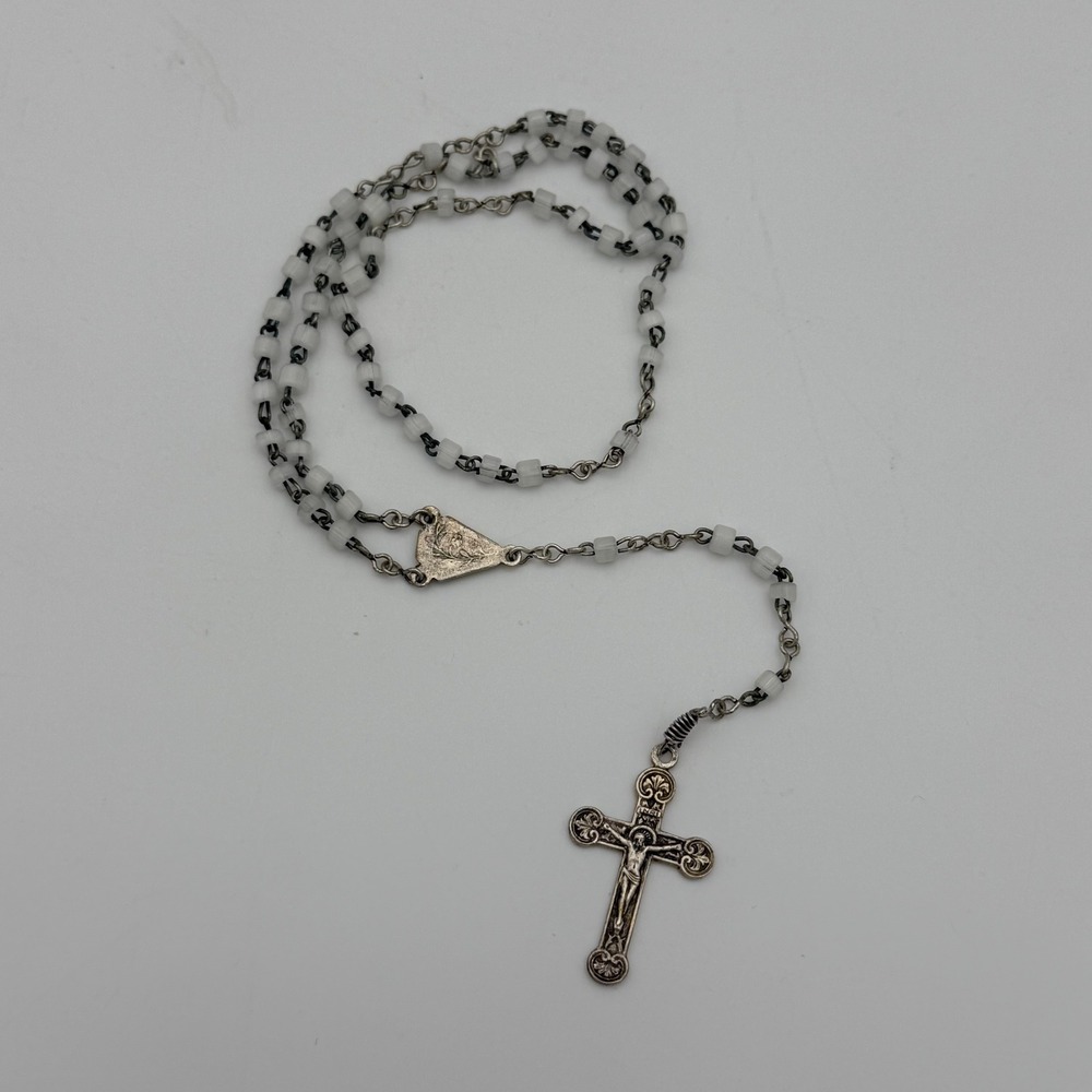 Vintage Catholic Rosary White Frosted Square Glass Beads Silver Tone Crucifix